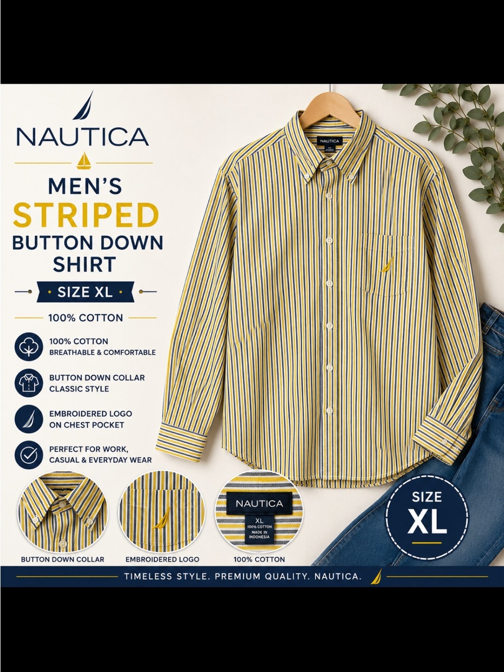 Nautica Men’s Yellow and Navy Multi-Stripe Button-Down Shirt